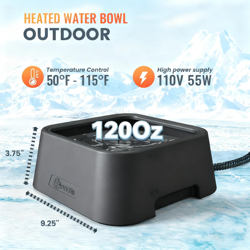 Ficuswin heated water bowl no-freeze operation keeps water sip-ready.