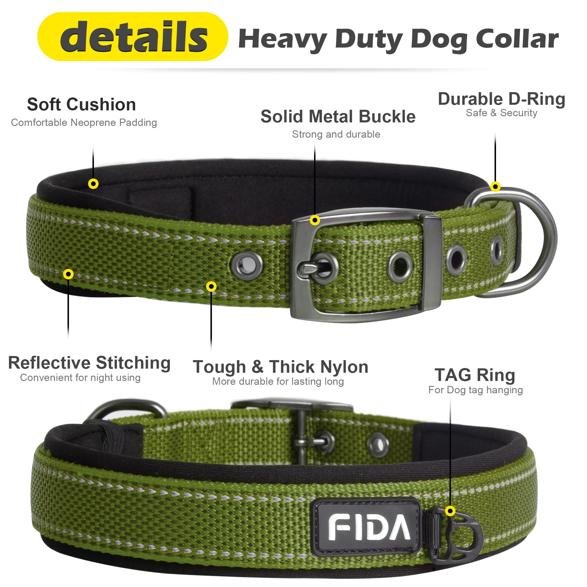 Fida collar con costuras reflectivas para mayor visibilidad nocturna.