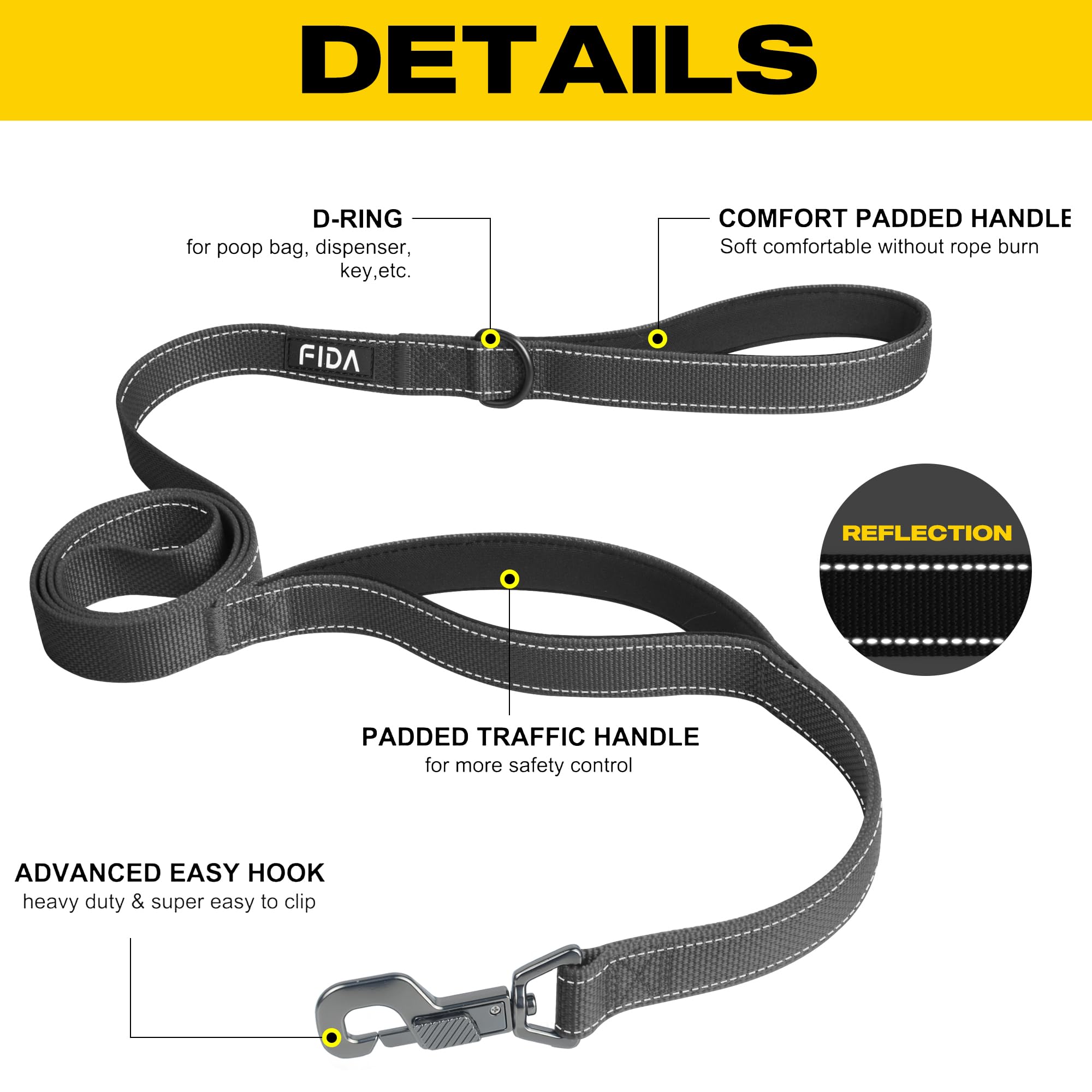 Fida leash shows dual padded handles for comfortable grip on long walks