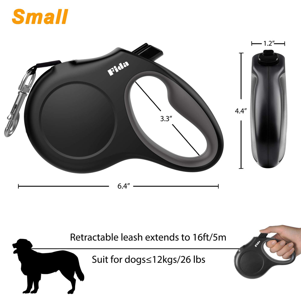 Fida dog waste bag holder and poop bags integrated into leash for convenient cleanup.