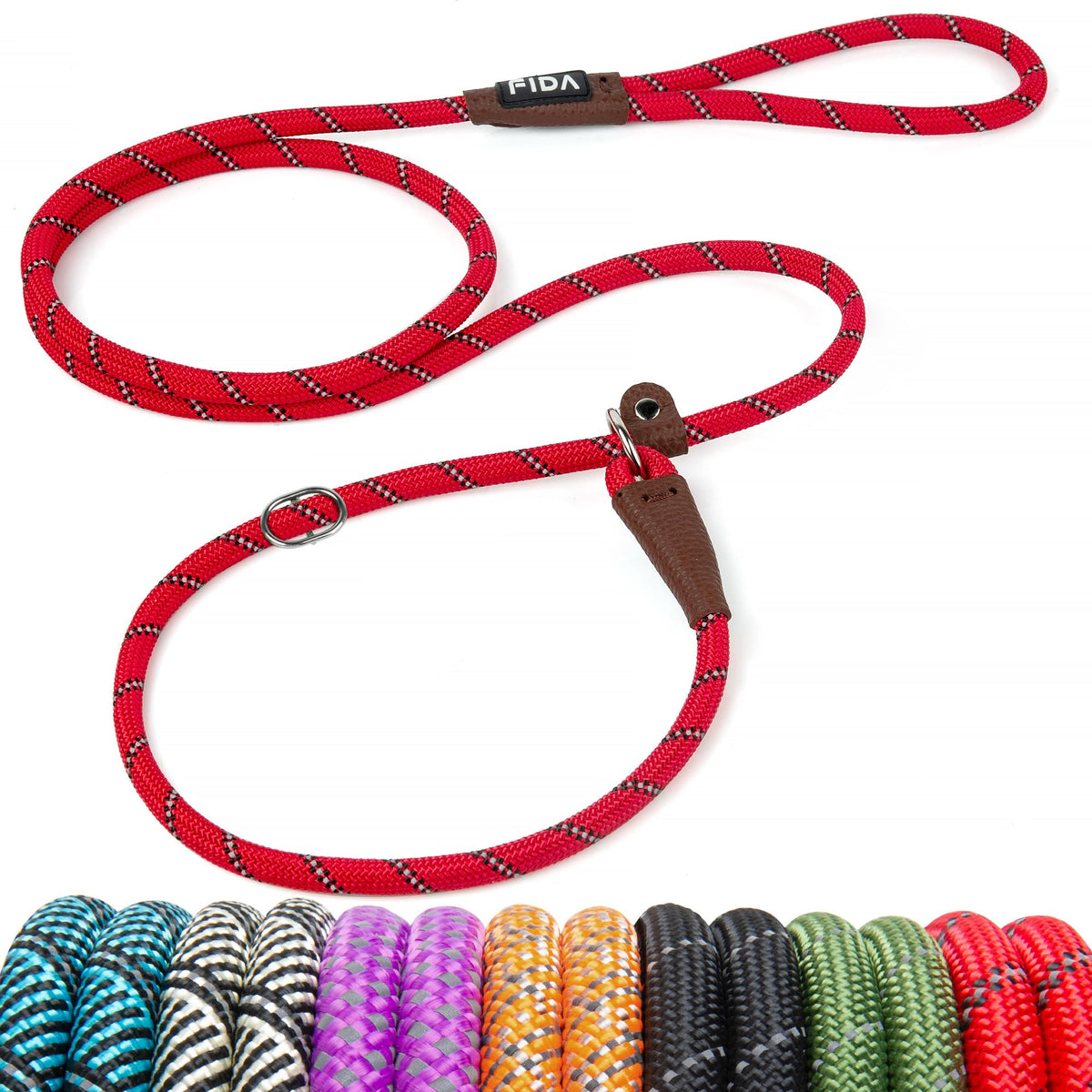 Fida durable slip lead closeup shows strong nylon rope and comfortable grip for daily walks.