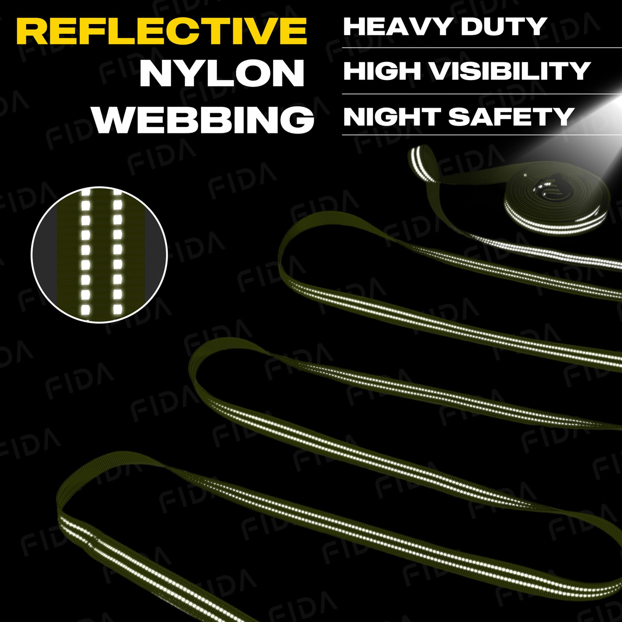 Fida long-leash reflective-threads increases night safety and visibility.