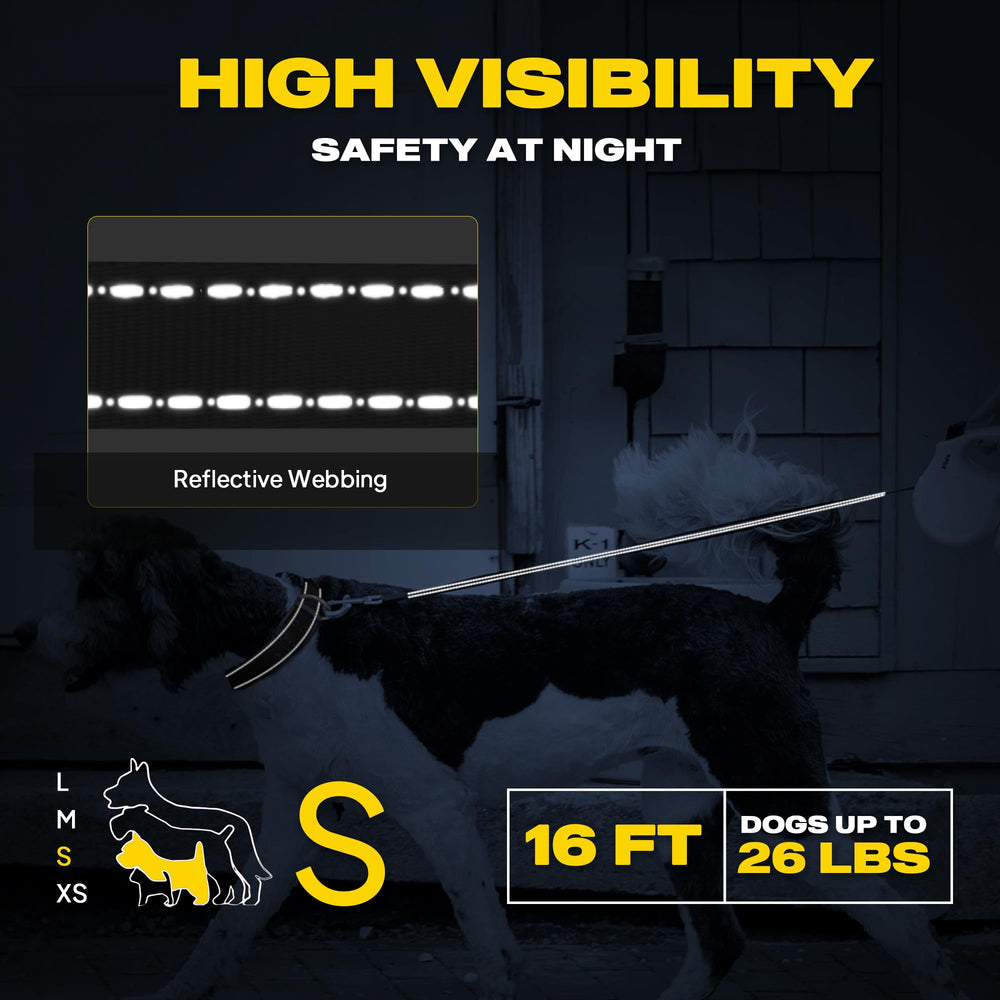 Fida retractable dog leash 16ft improves night safety with reflective tape.