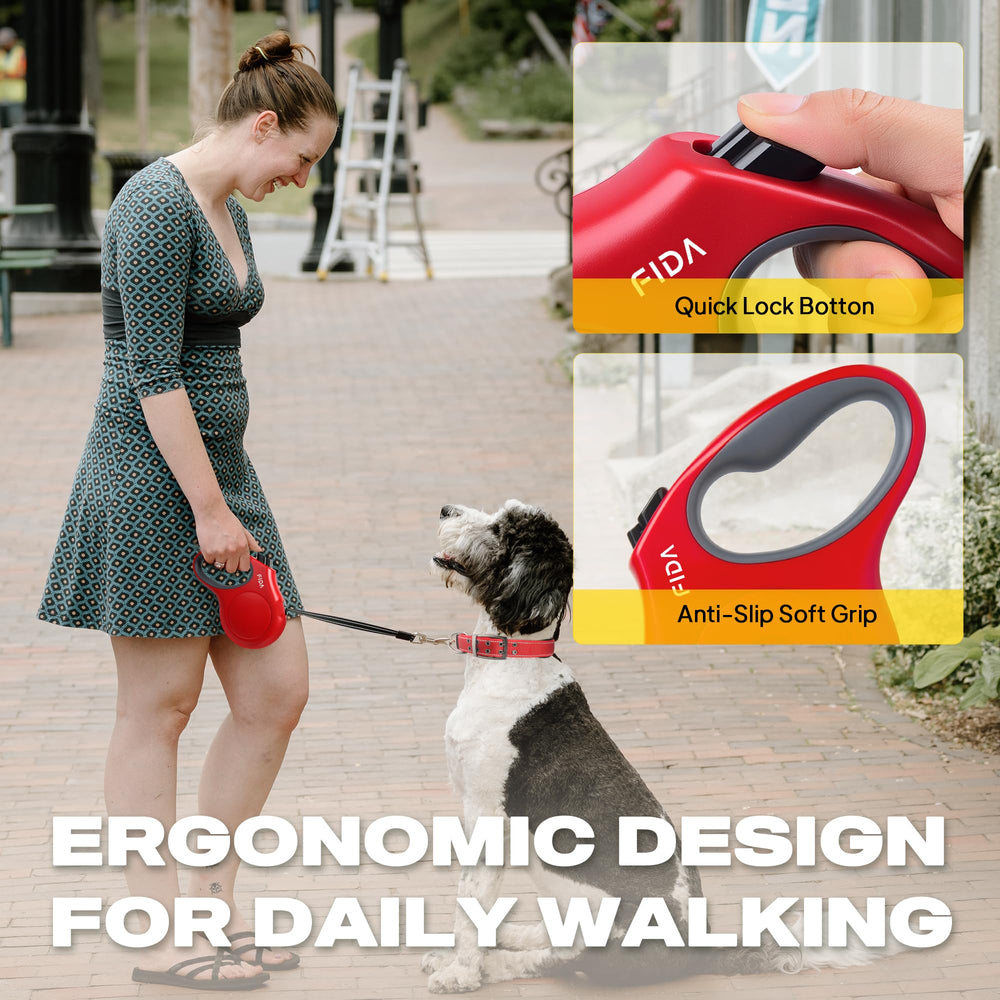 Fida retractable dog leash 16ft quick-lock button simplifies control during runs.