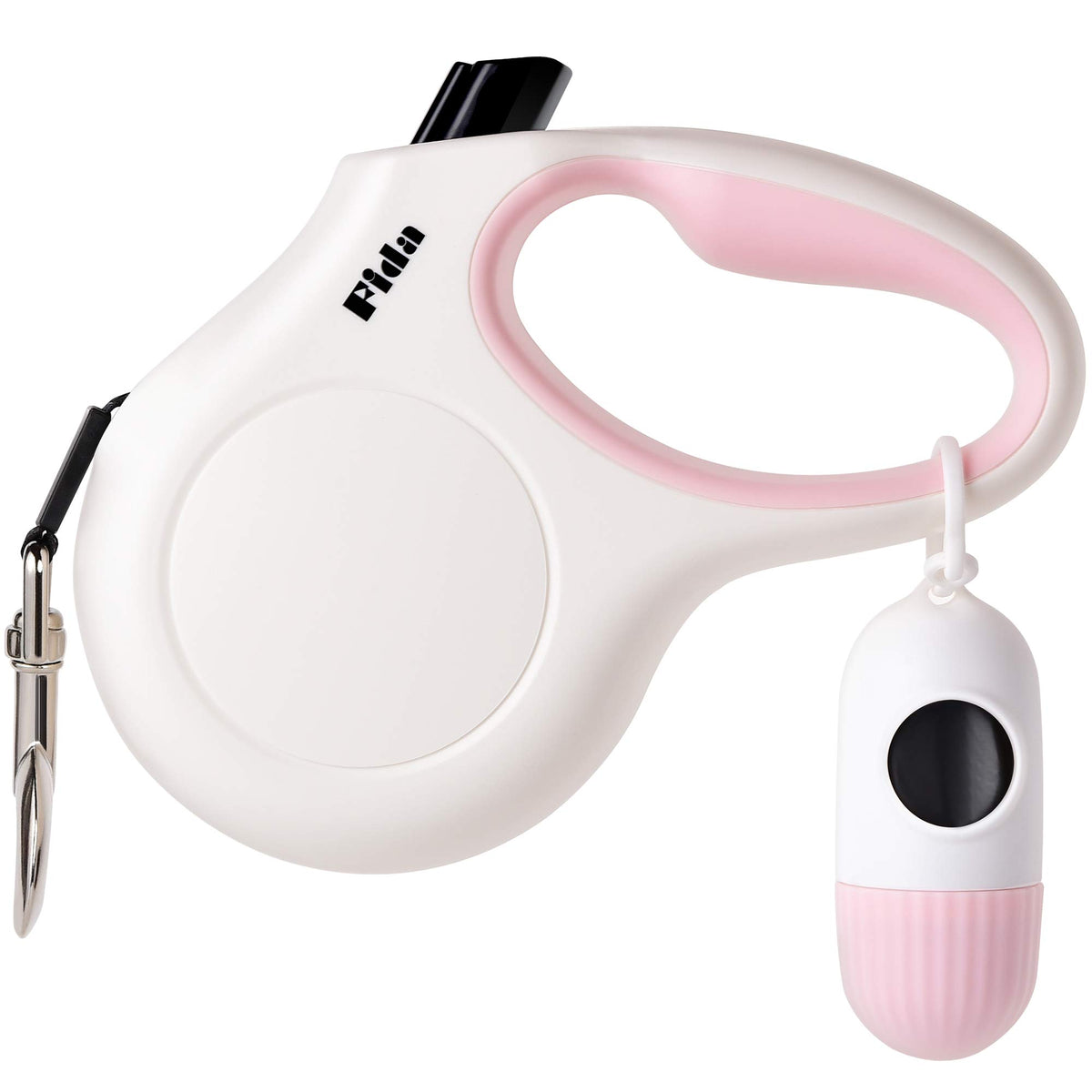 Fida retractable dog leash with dispenser for easy waste bag access during strolls.