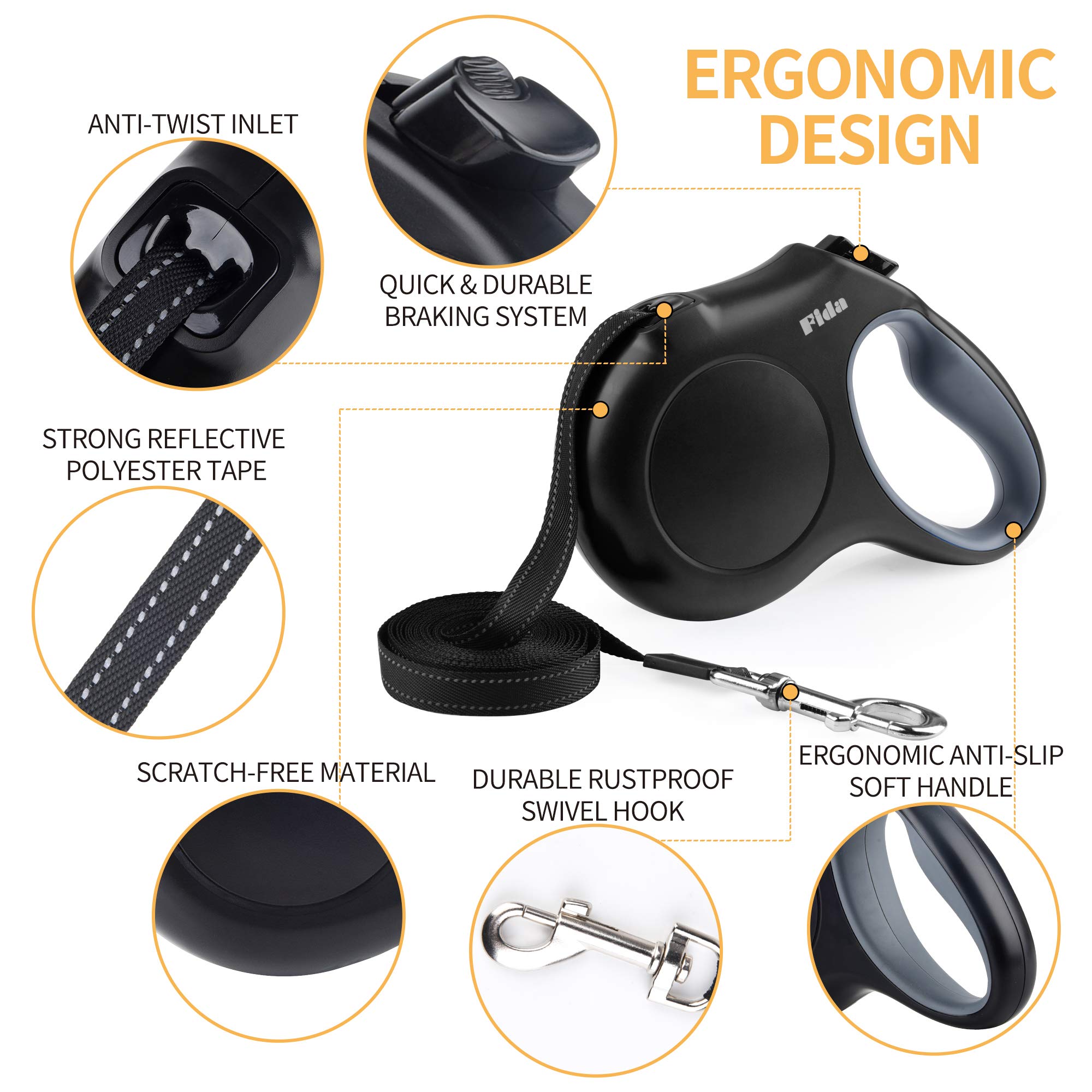 Fida retractable dog leash with reflective tape improves visibility for safer dawn or dusk walks.