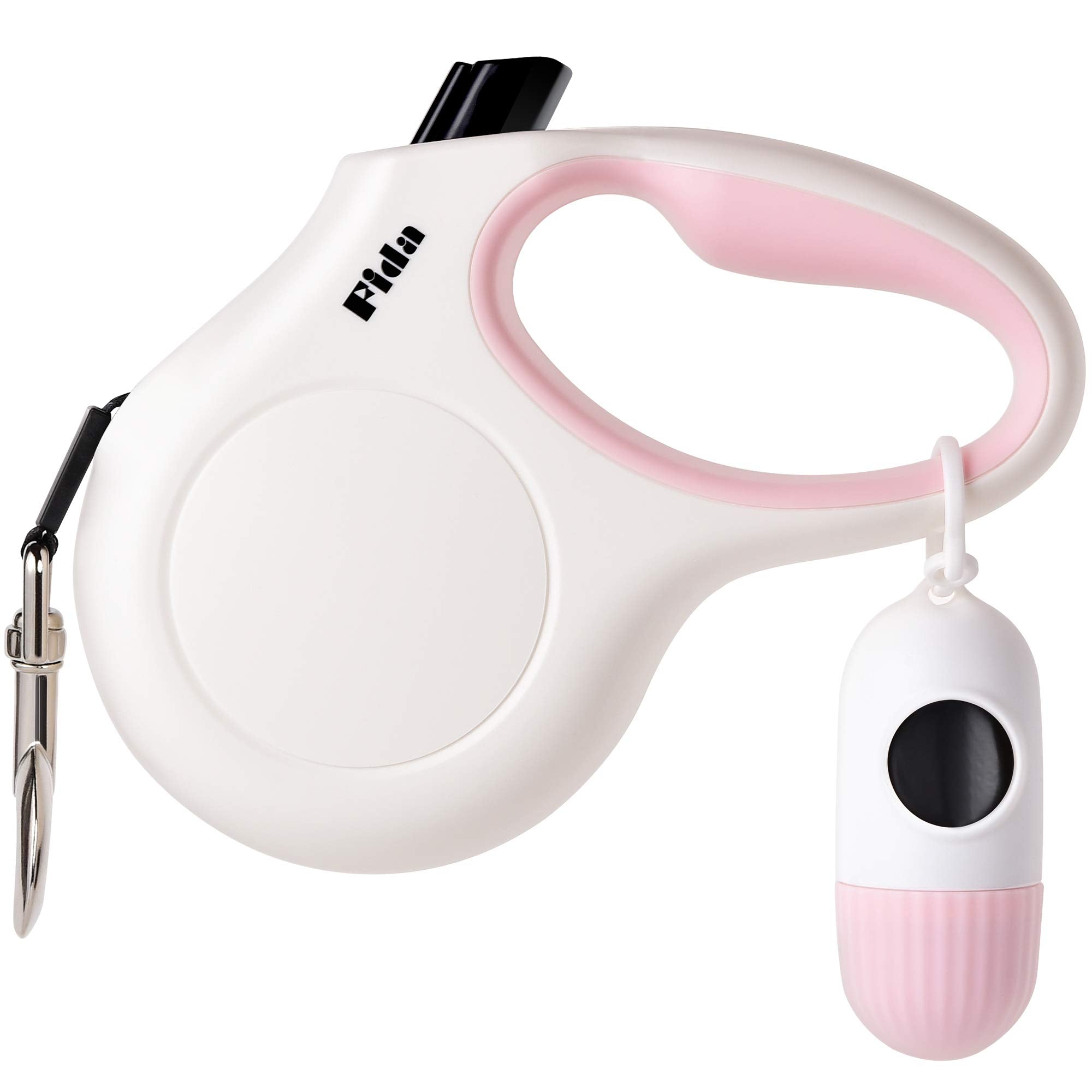 Fida retractable leash for small dogs up to 26 lbs in white-pink, emphasizing gentle control