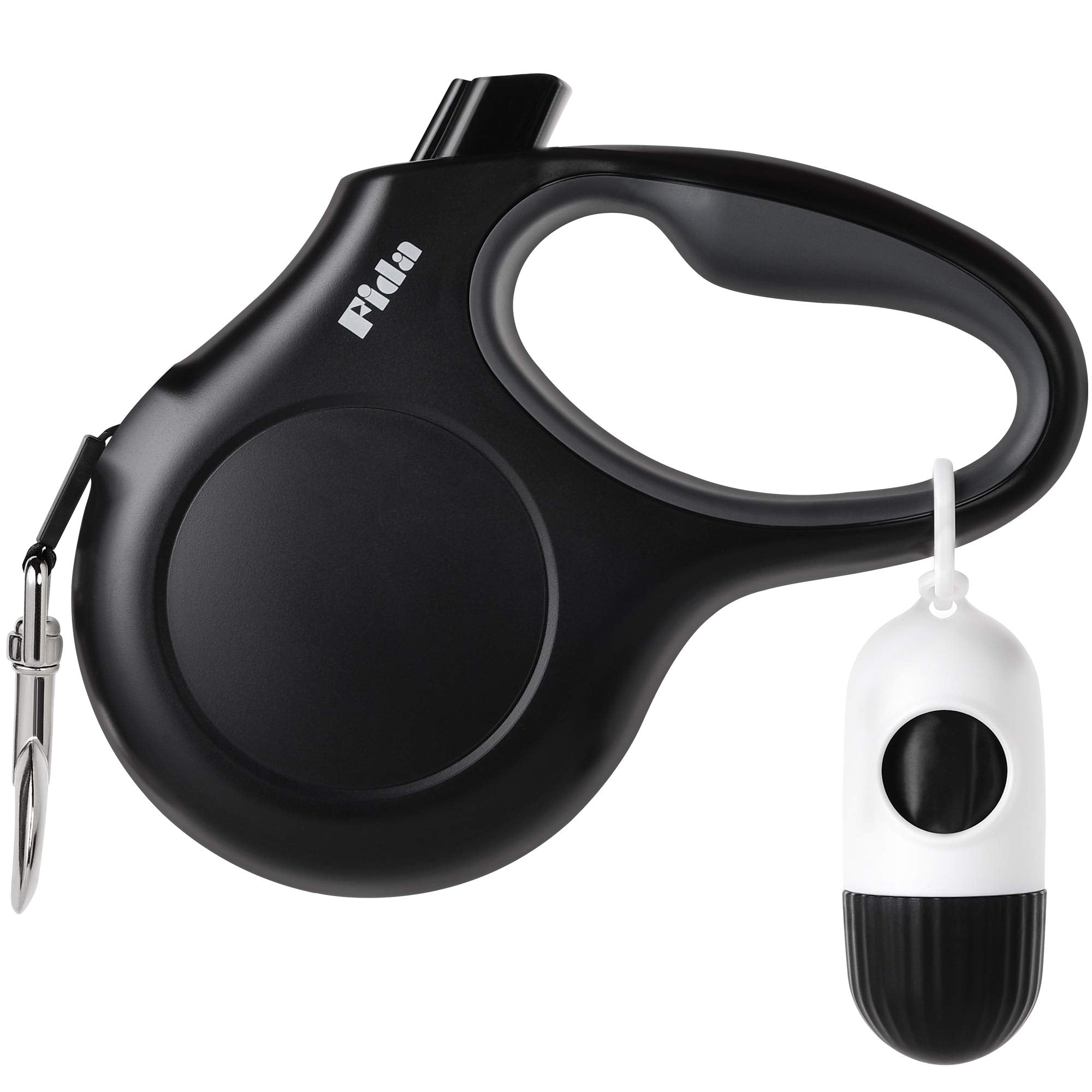 Fida retractable leash with bag dispenser in black for hands-free bag access.