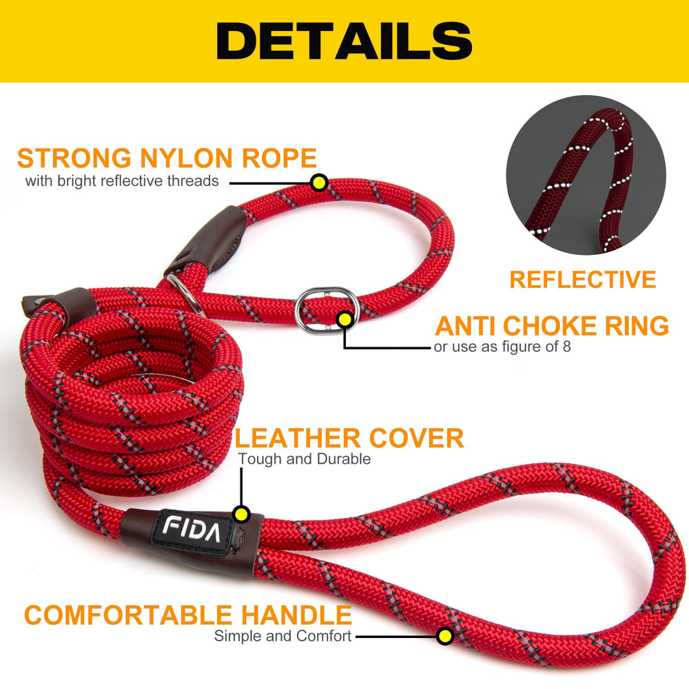 Fida slip lead red with reflective straps visible for safer night walks.