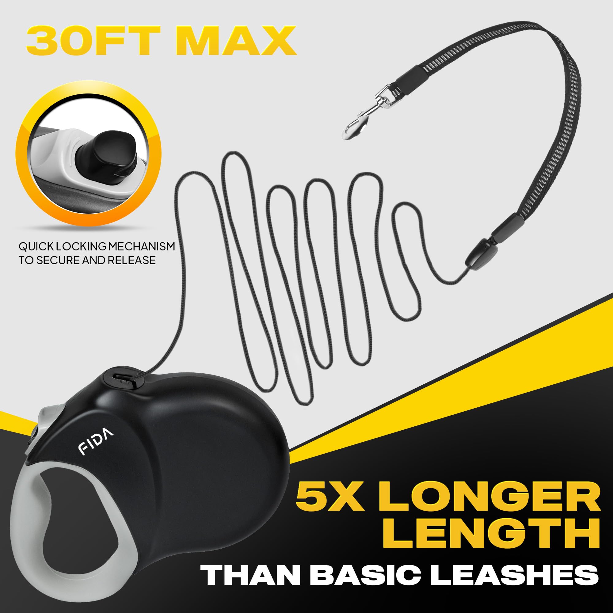 Fida leash cord close-up highlights tangle-free design for smooth retraction.