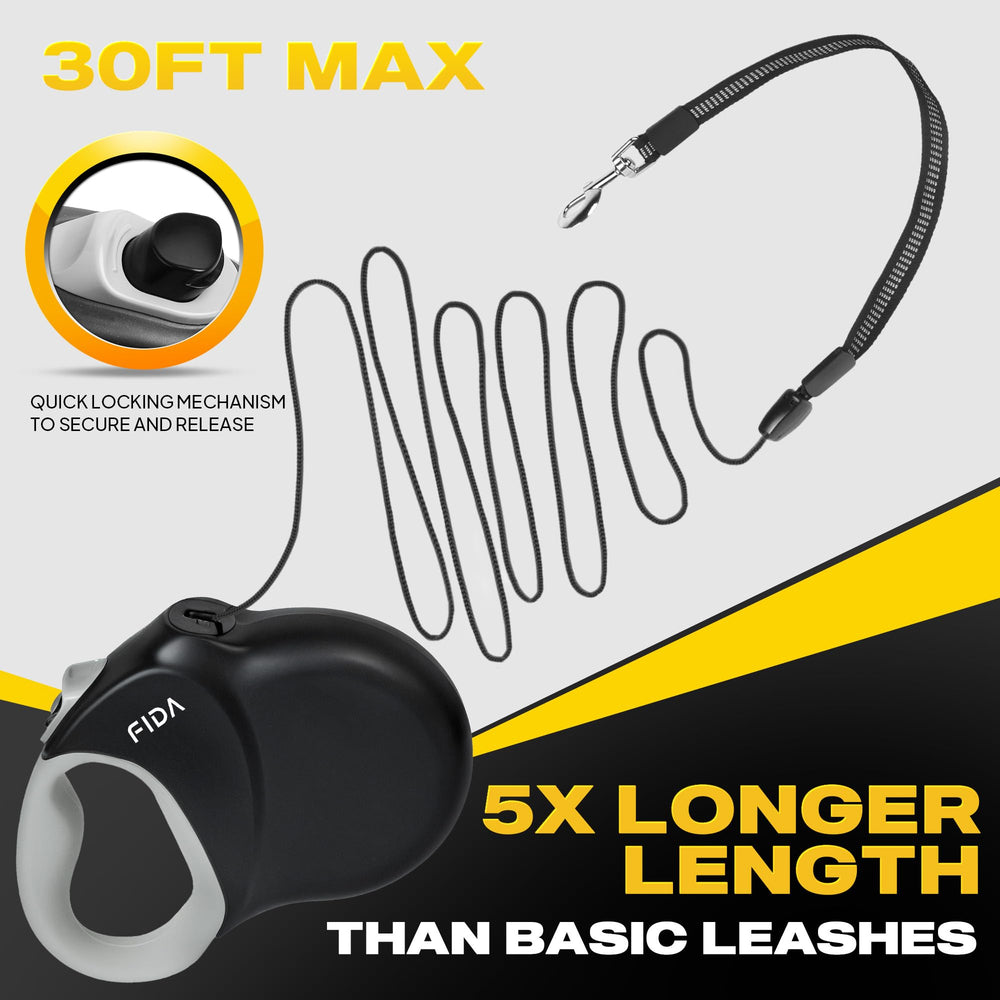 Fida leash cord close-up highlights tangle-free design for smooth retraction.