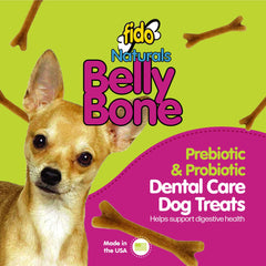 Fido Belly Bones mini dog treats 3-inch chews promote easy chewing and dental cleaning.