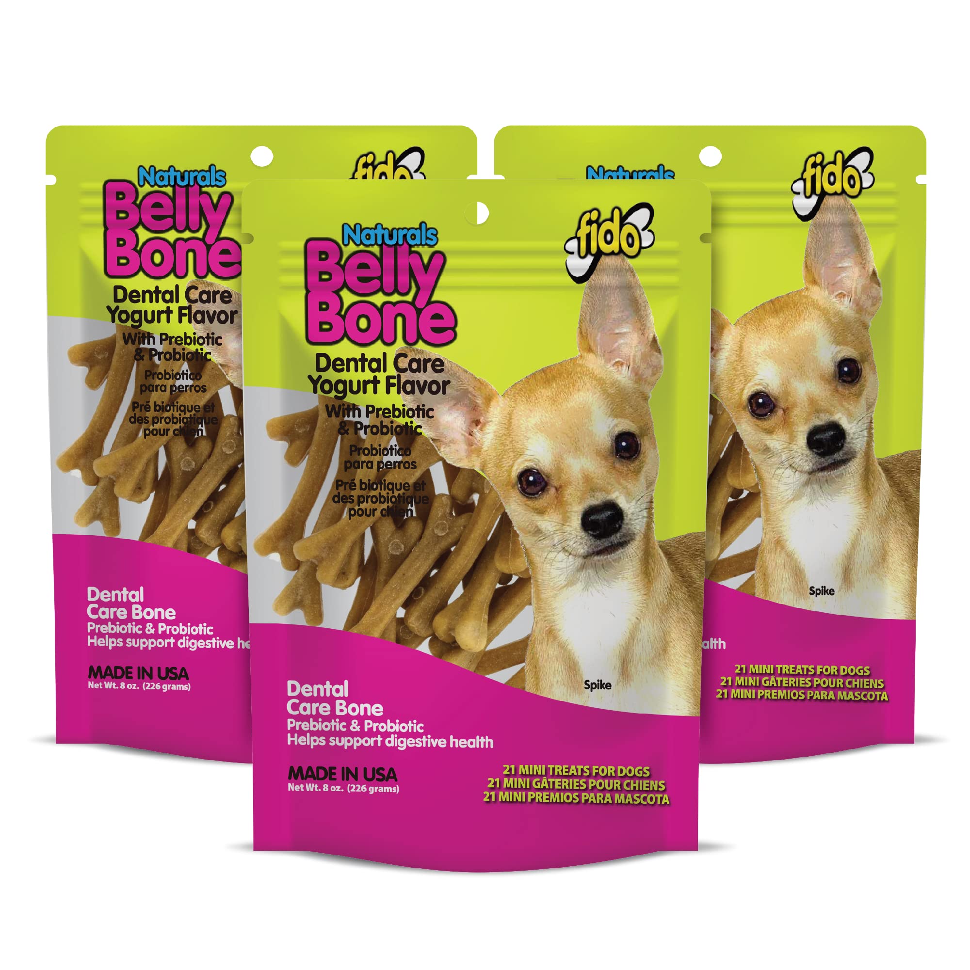 Fido Belly Bones mini dog treats pack shot highlighting 3-bag set for small dogs, promotes fresh breath
