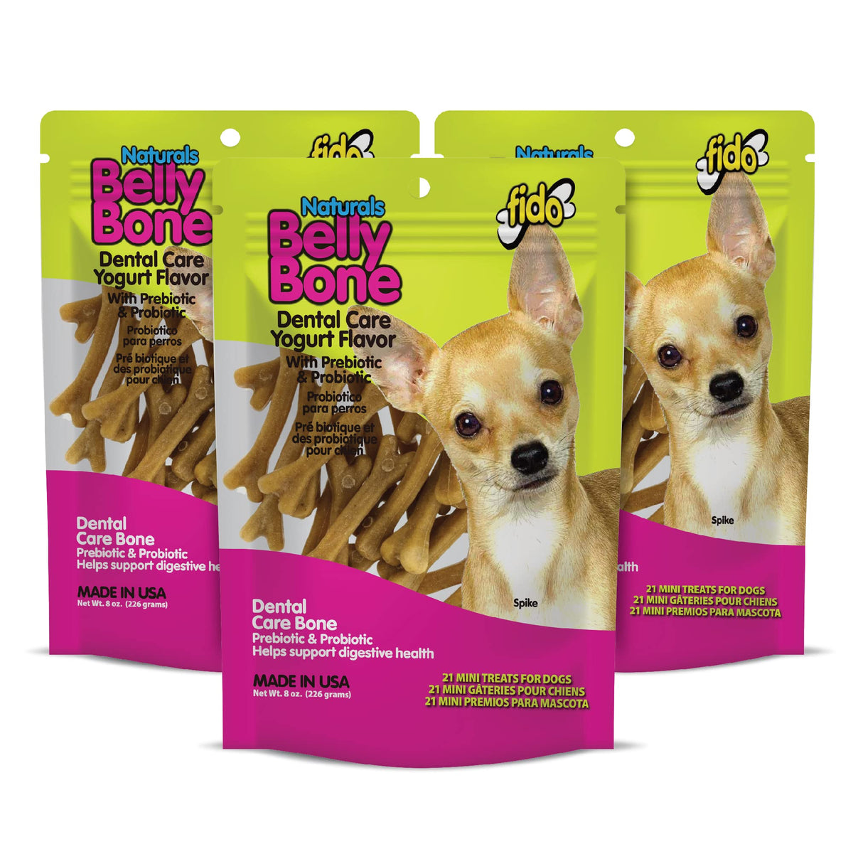 Fido Belly Bones mini dog treats pack shot highlighting 3-bag set for small dogs, promotes fresh breath