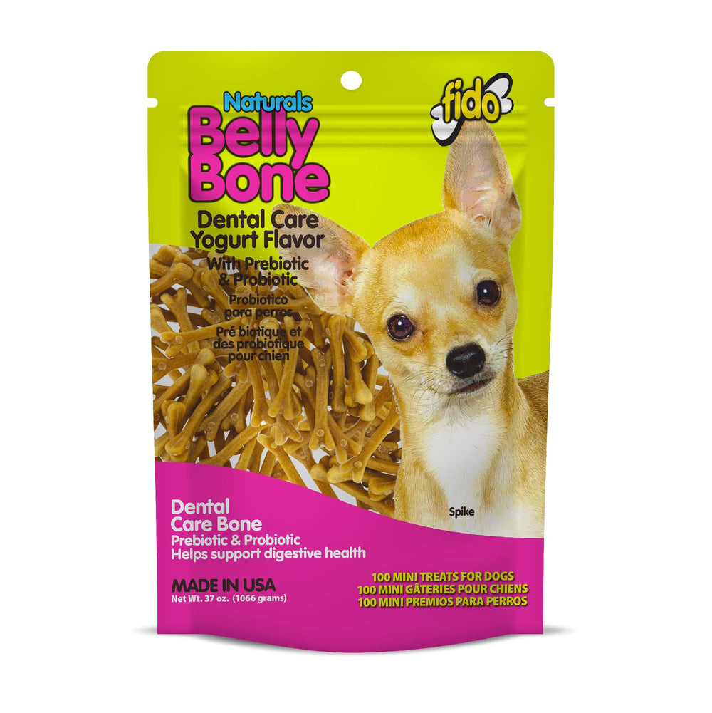 Fido Belly Bones mini dog treats in resealable pouch support fresh breath and dental care.
