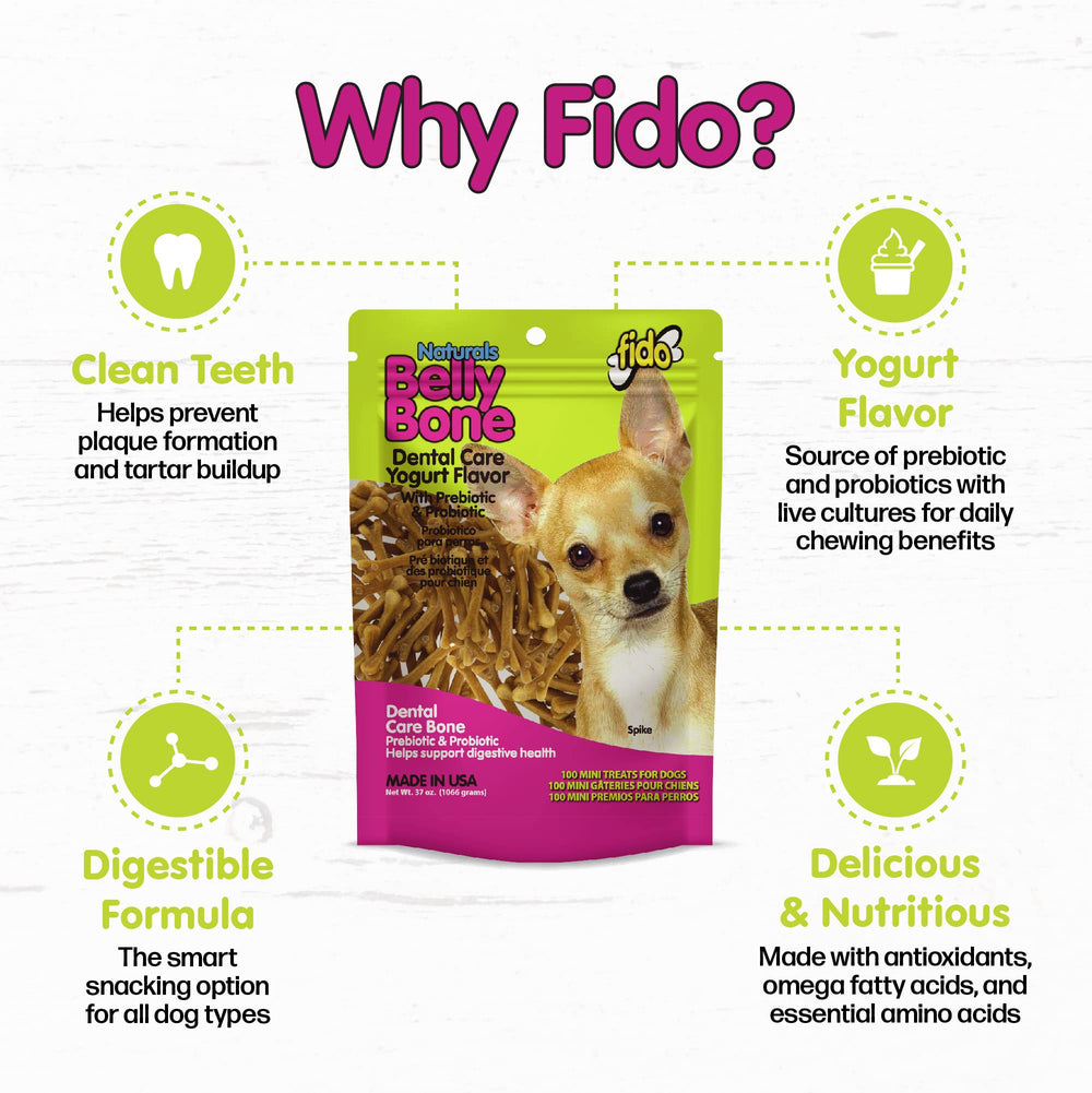 Fido Belly Bones v-groove design helps dogs hold and massage gums.