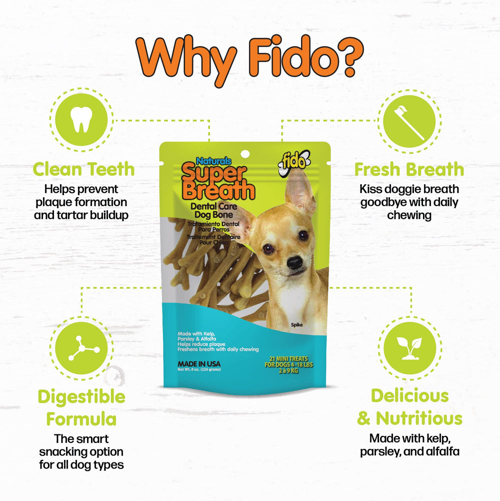 Fido dog chewing a dental bone showing gum massage and teeth cleaning