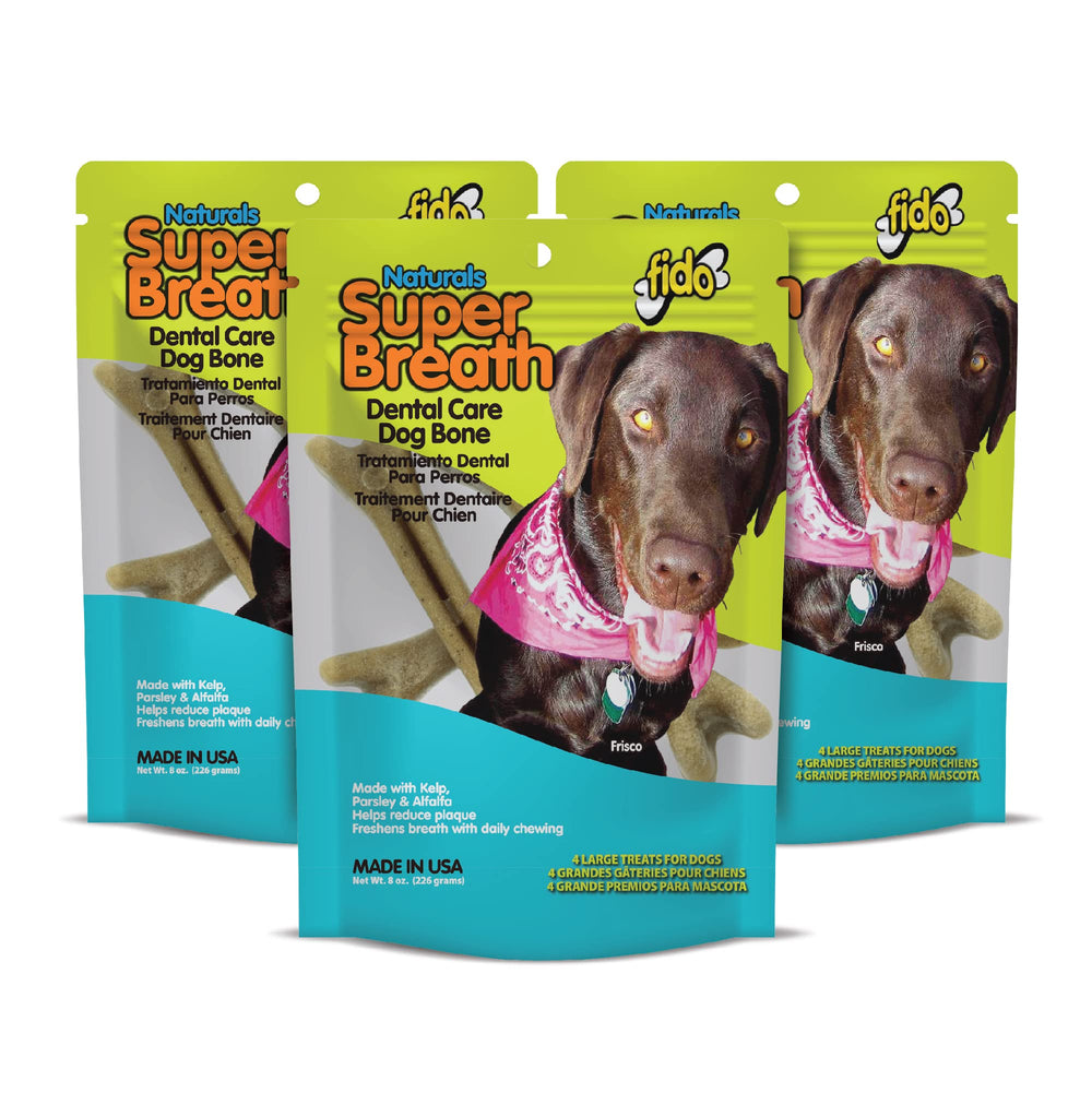 Fido Super Breath bones bulk pack showing resealable pouch for convenient daily dental care for large dogs