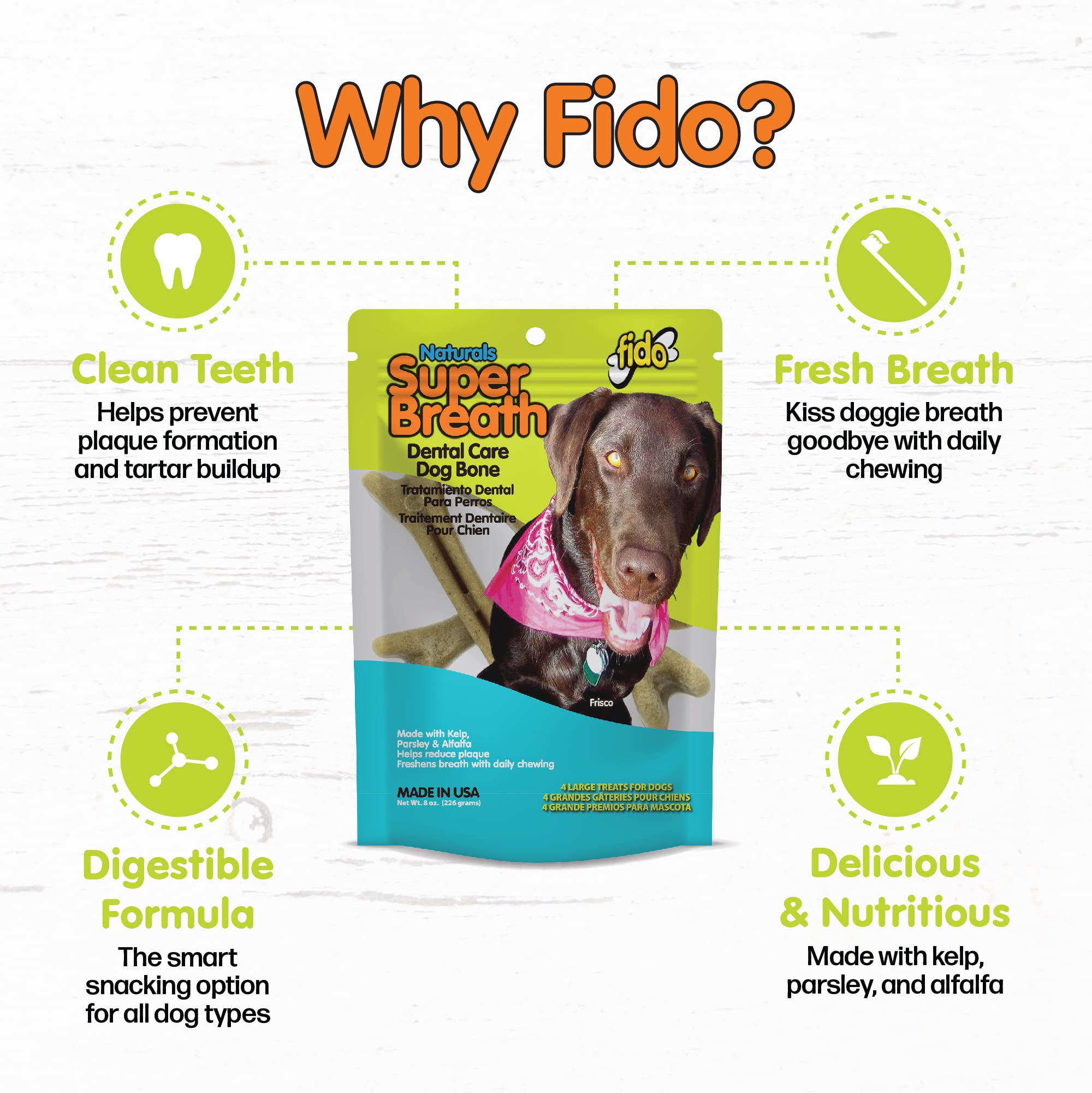 Fido Super Breath bones in resealable pouch promoting fresh, organized storage