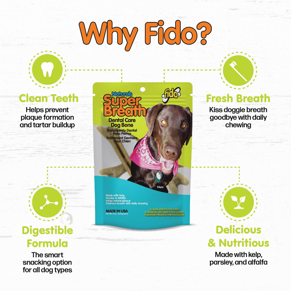 Fido Super Breath bones in resealable pouch promoting fresh, organized storage