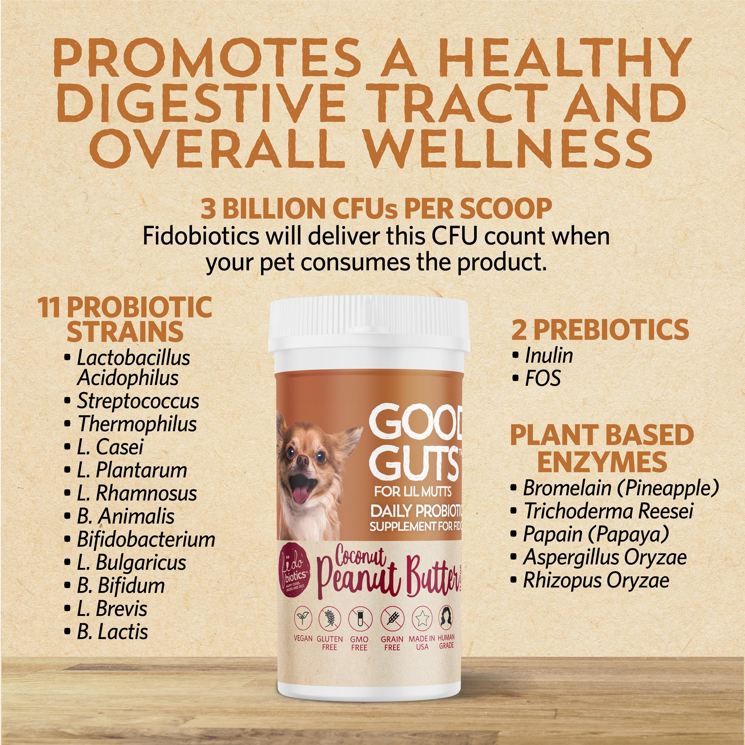 Fidobiotics Good Guts for Lil Mutts USA-made badge—crafted by pet probiotic experts.