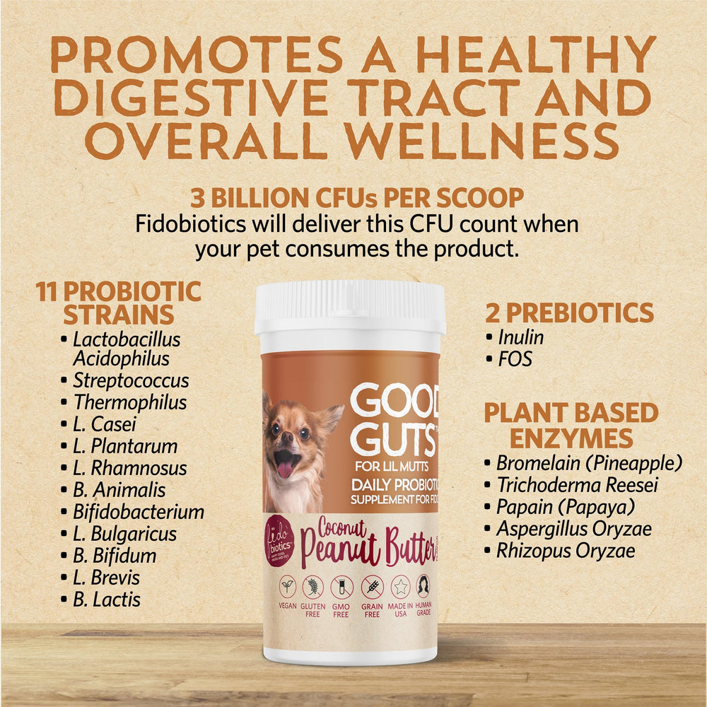 Fidobiotics Good Guts for Lil Mutts USA-made badge—crafted by pet probiotic experts.