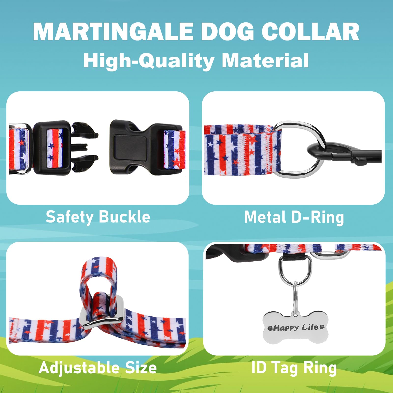 Fidohug American Flag Martingale Collar red blue stripes example for outdoor walks.