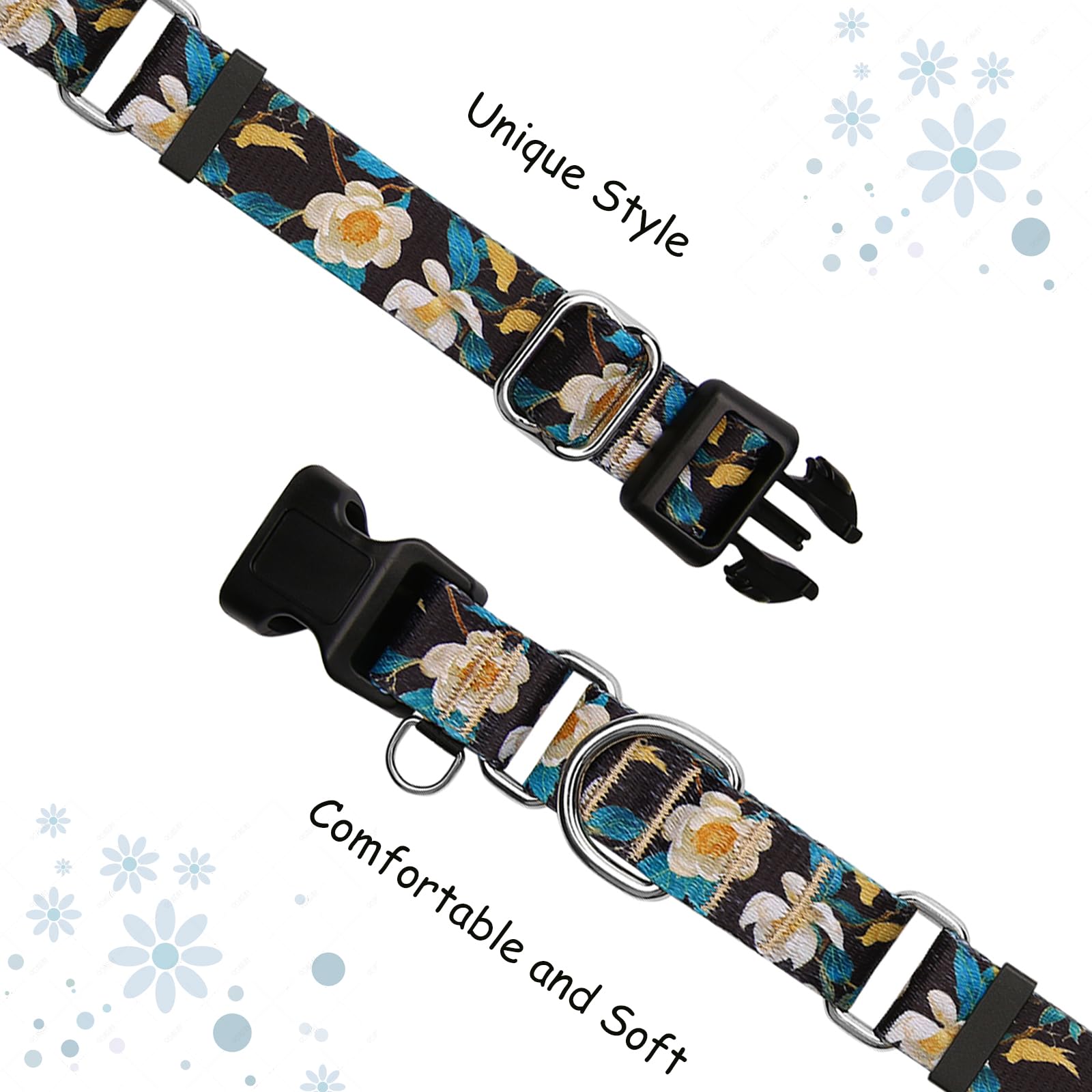 Fidohug floral dog collar with buckle release highlighted for quick use
