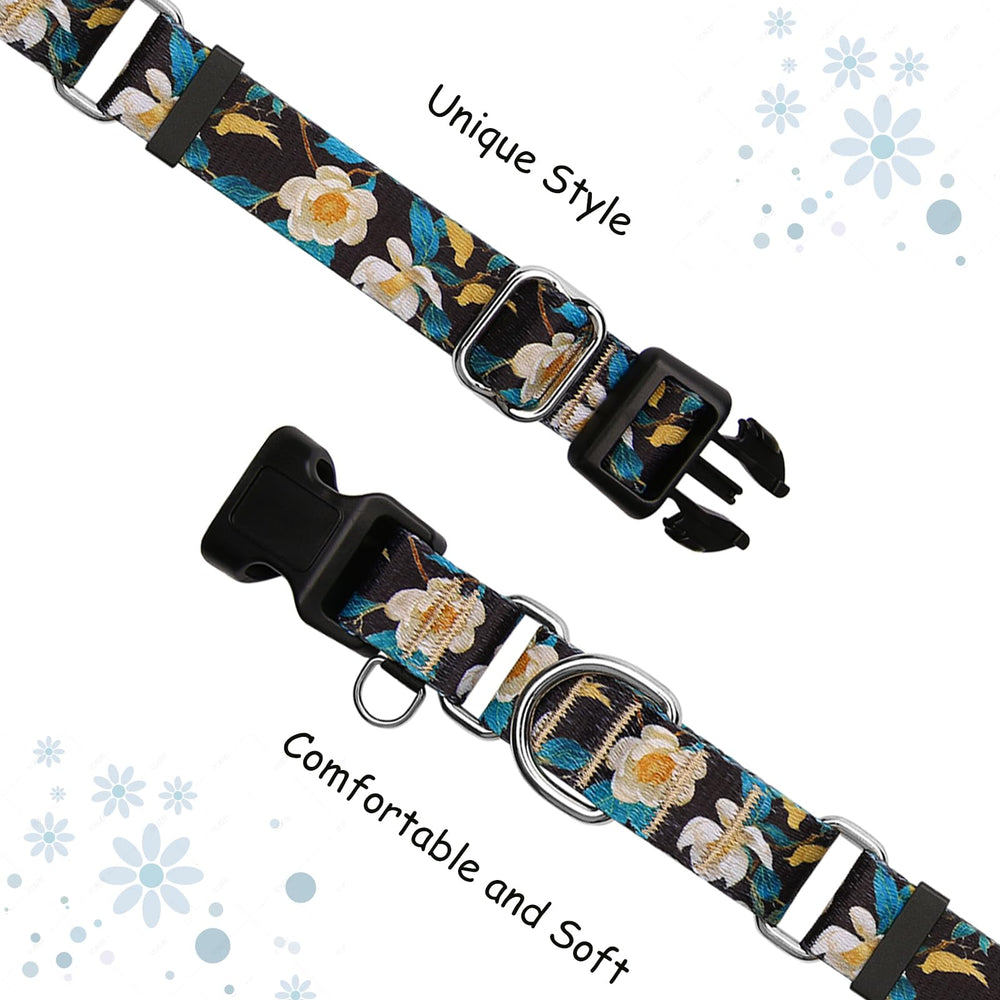 Fidohug floral dog collar with buckle release highlighted for quick use