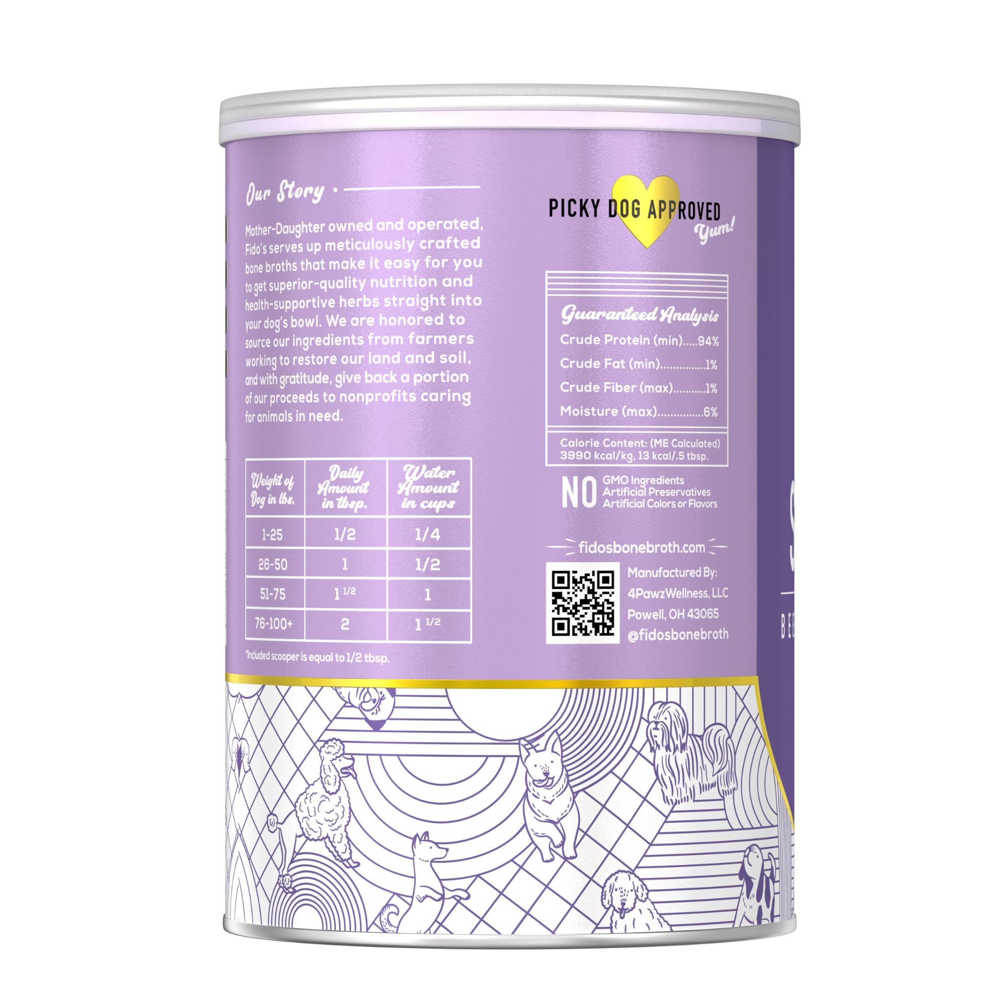 Fido's bone broth topping on wet food enhances flavor.
