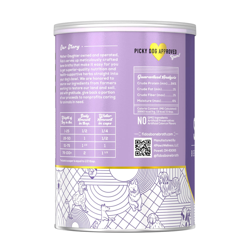 Fido's bone broth topping on wet food enhances flavor.