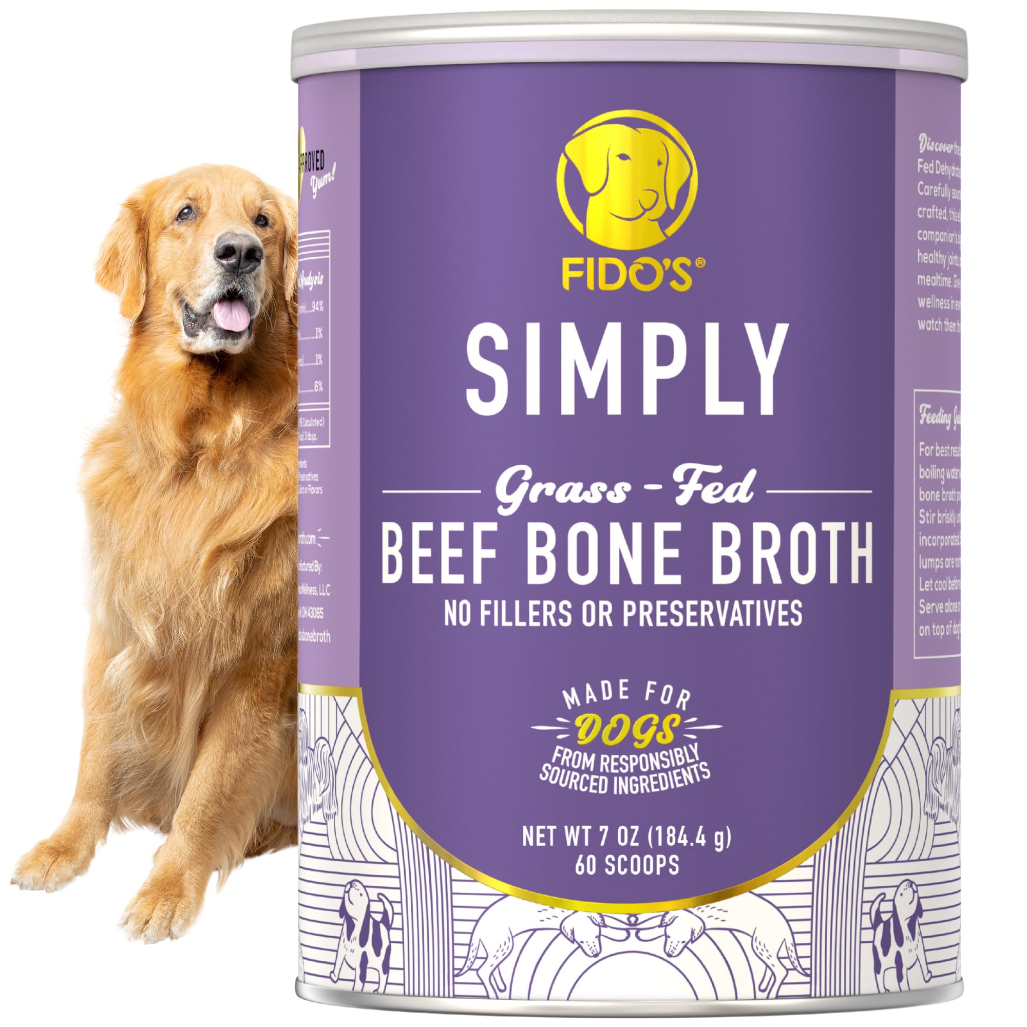 Fido's grass-fed beef bone broth powder container boosts meal flavor and hydration.