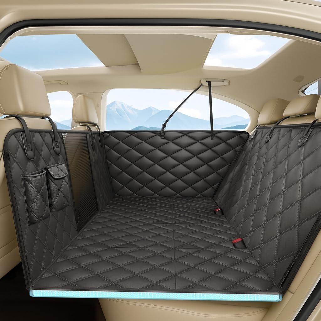 Fidozen hard bottom seat cover on back seat provides sturdy support and keeps pets comfortable