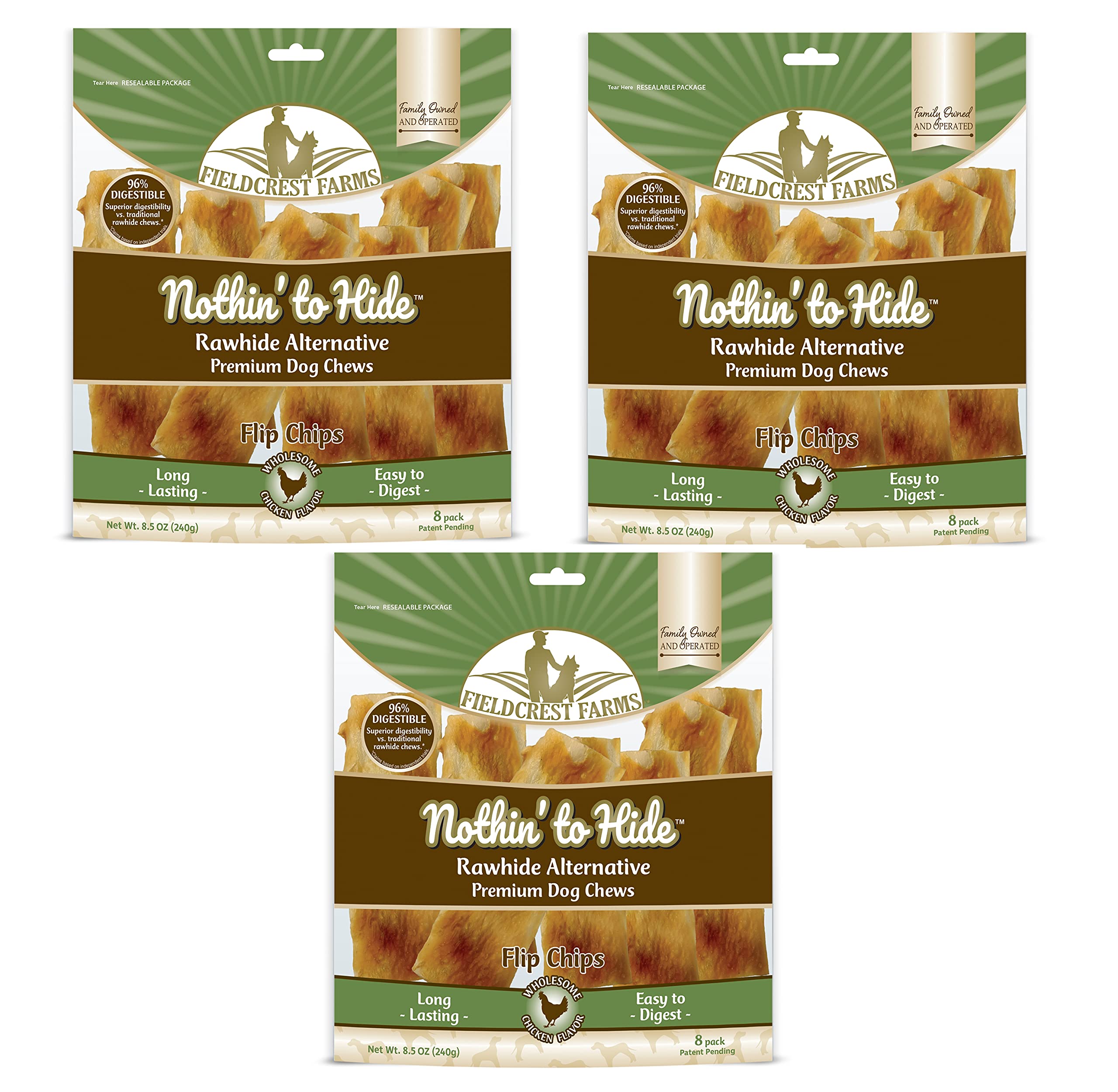 Fieldcrest Farms Nothin to Hide Flip Chips chicken packaging highlights rawhide-free option