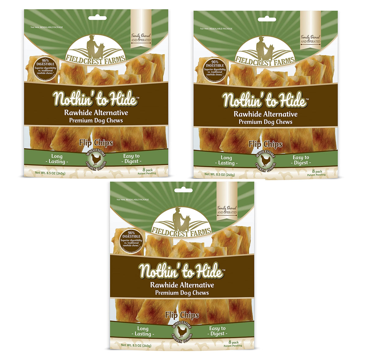 Fieldcrest Farms Nothin to Hide Flip Chips chicken packaging highlights rawhide-free option