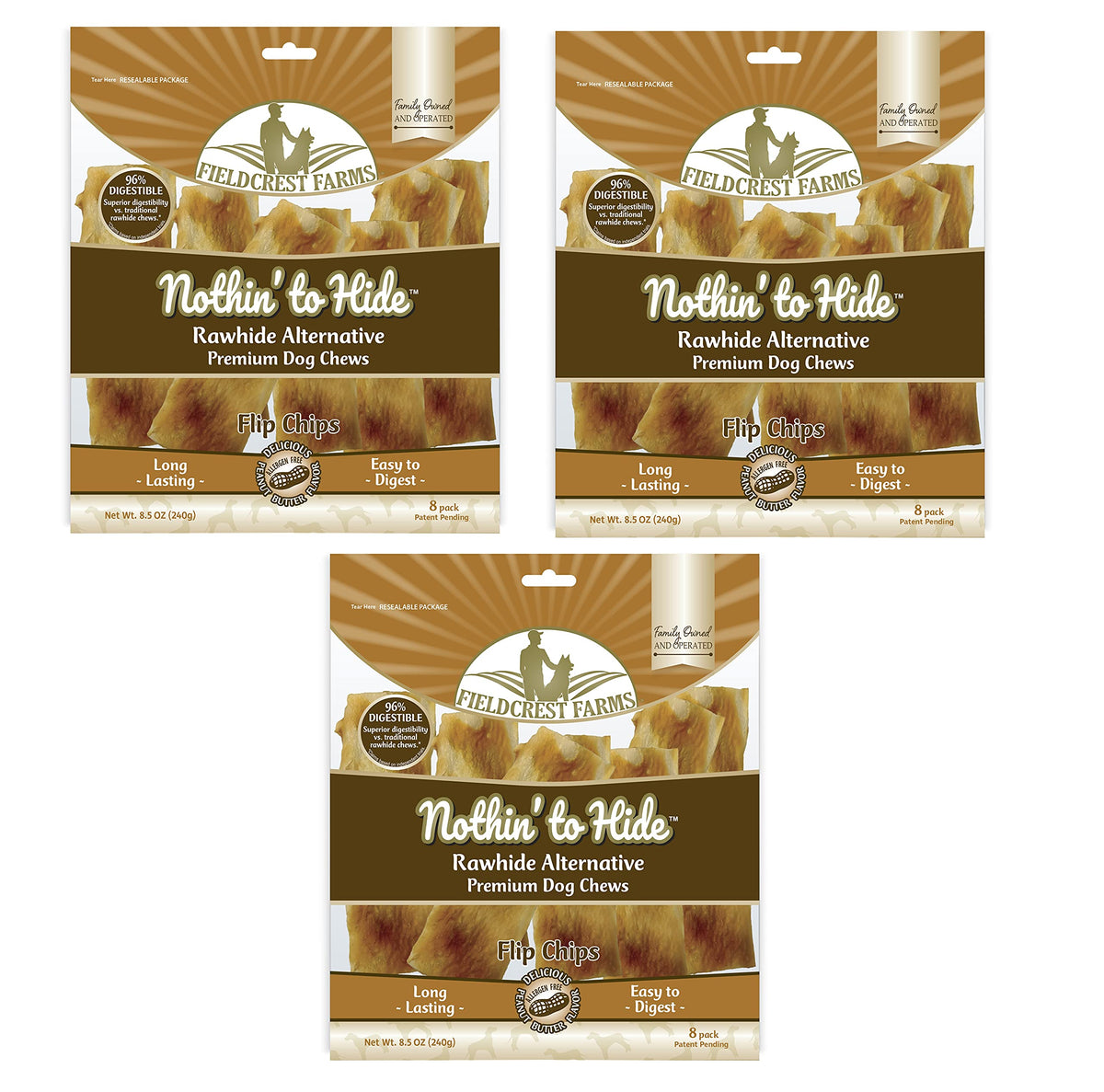 Fieldcrest Farms Nothin to Hide Flip Chips Peanut Butter package front image shows chew-ready design