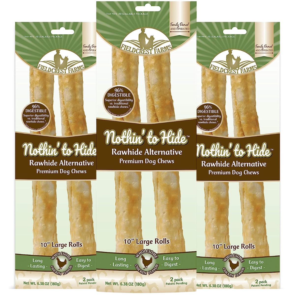 Fieldcrest Farms Nothing to Hide pack front shows 10-inch chews for dental-friendly enjoyment