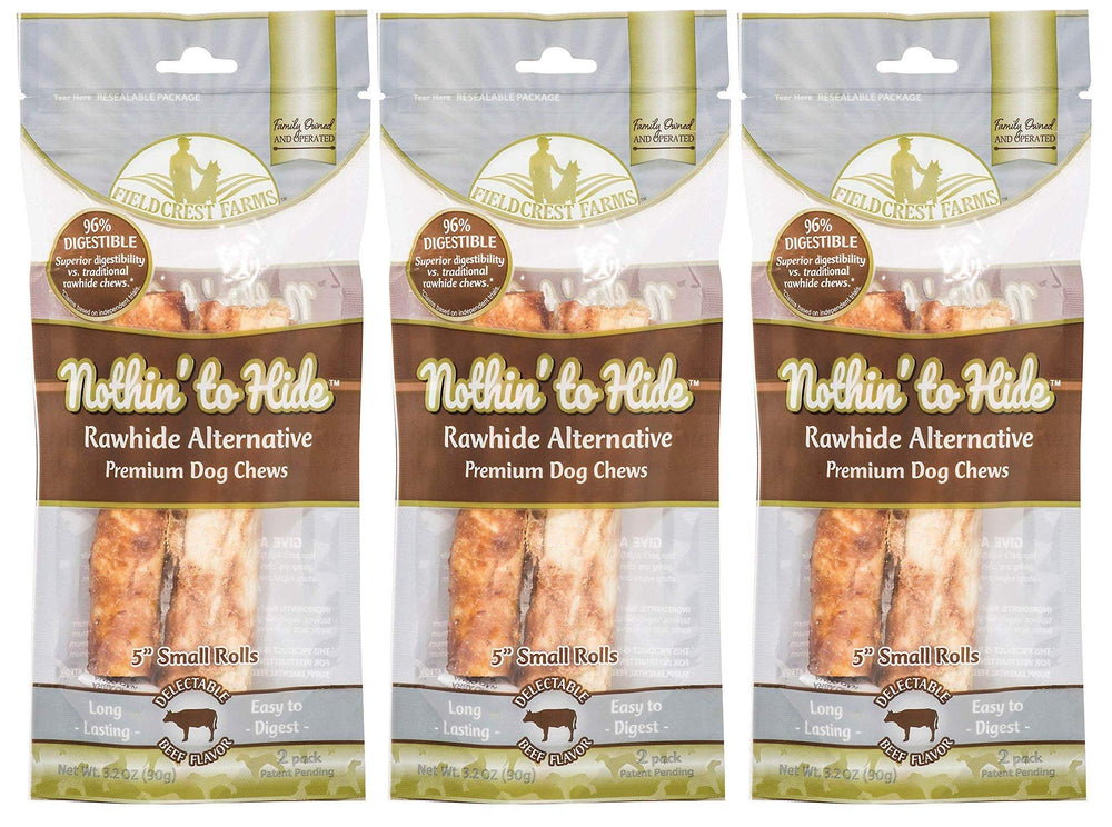 Fieldcrest Farms Nothing to Hide Rolls 3-pack packaging for dogs promoting easy chewing.