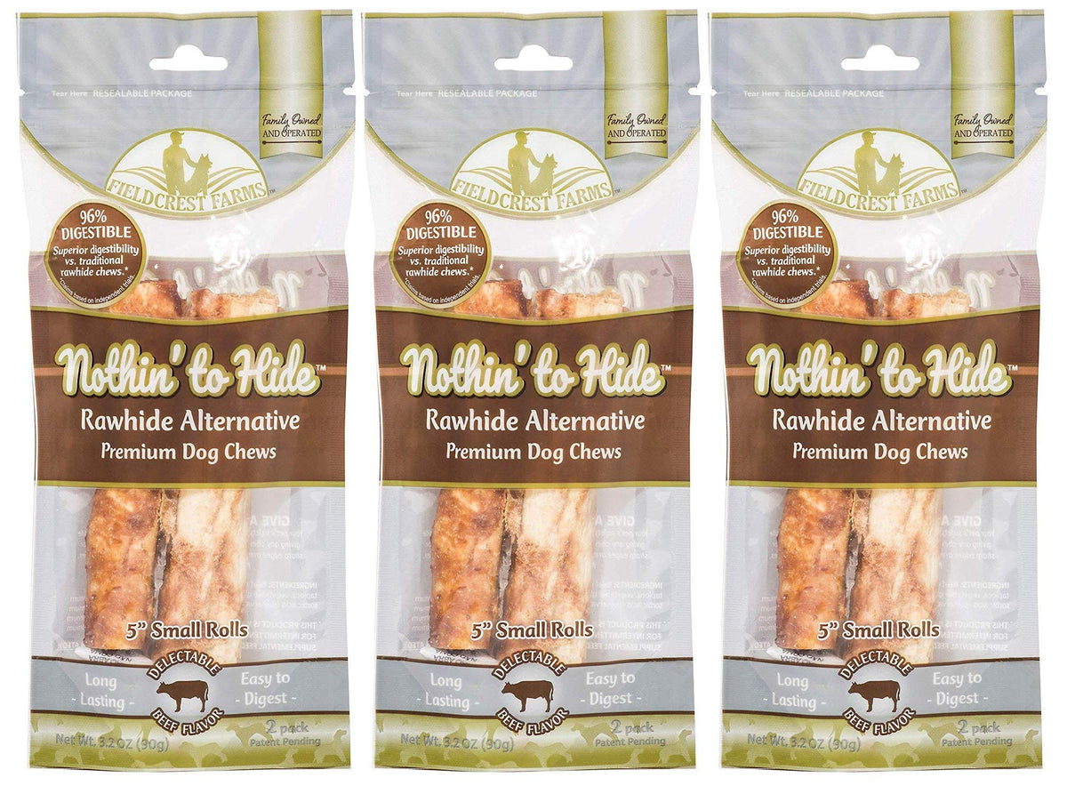 Fieldcrest Farms Nothing to Hide Rolls 3-pack packaging for dogs promoting easy chewing.