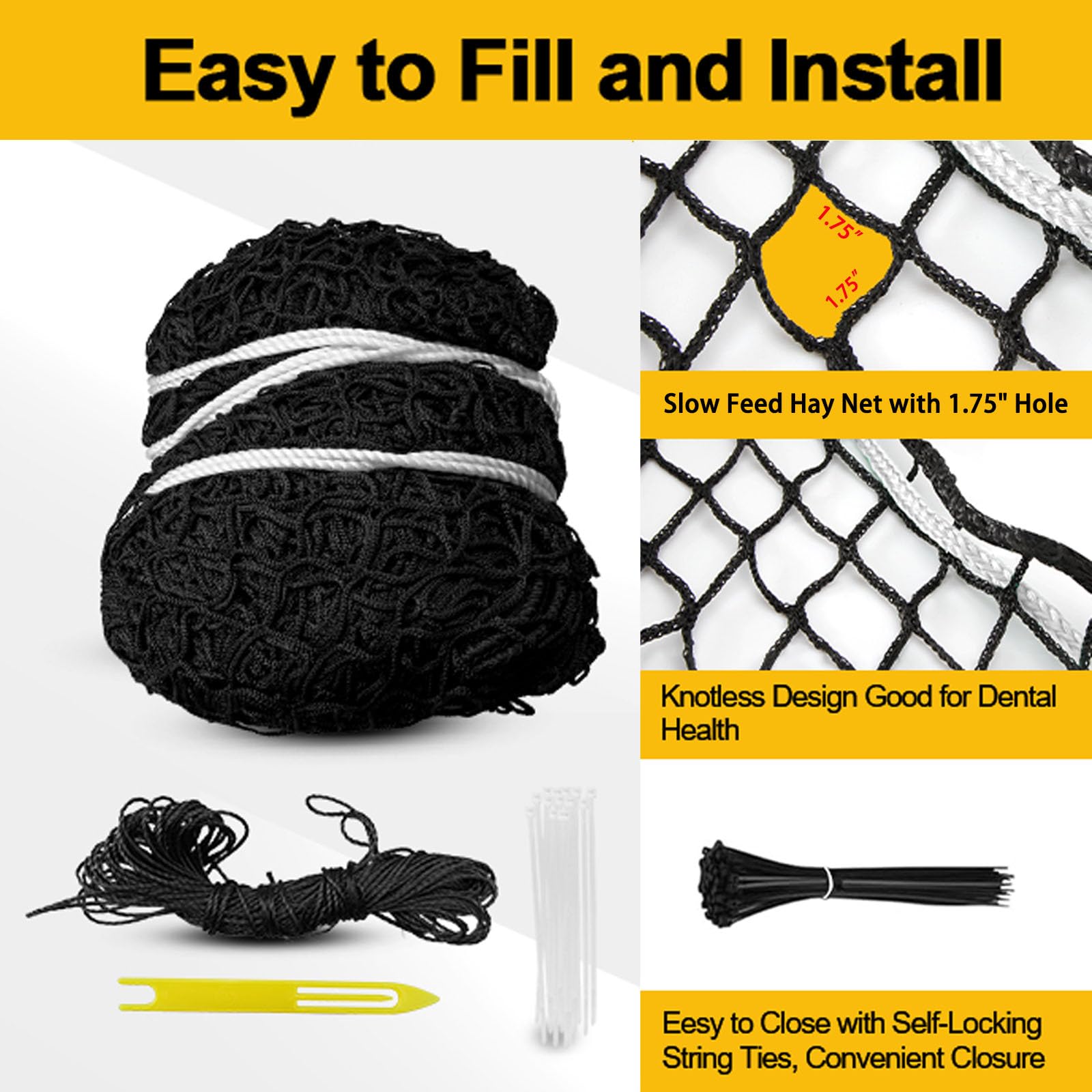 Fifatopo knotless safety design hay net reduces entanglement while livestock feed.