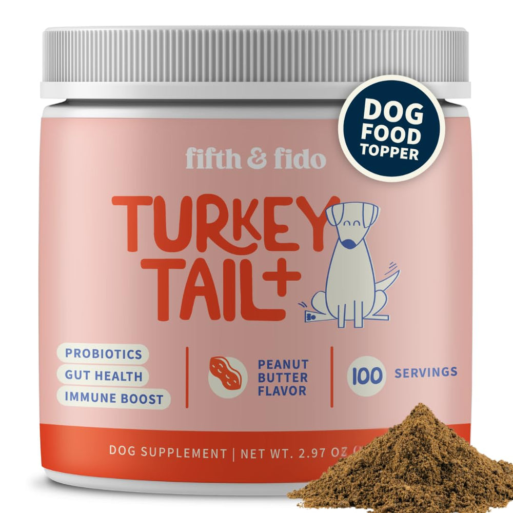 Fifth & Fido lipoma topper bottle pour shows an easy daily topping for digestion support.