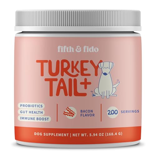 Fifth & Fido Turkey Tail+ probiotics bottle pour supports immune health for dogs.