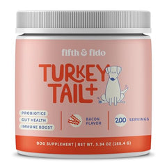 Fifth & Fido Turkey Tail+ probiotics bottle pour supports immune health for dogs.