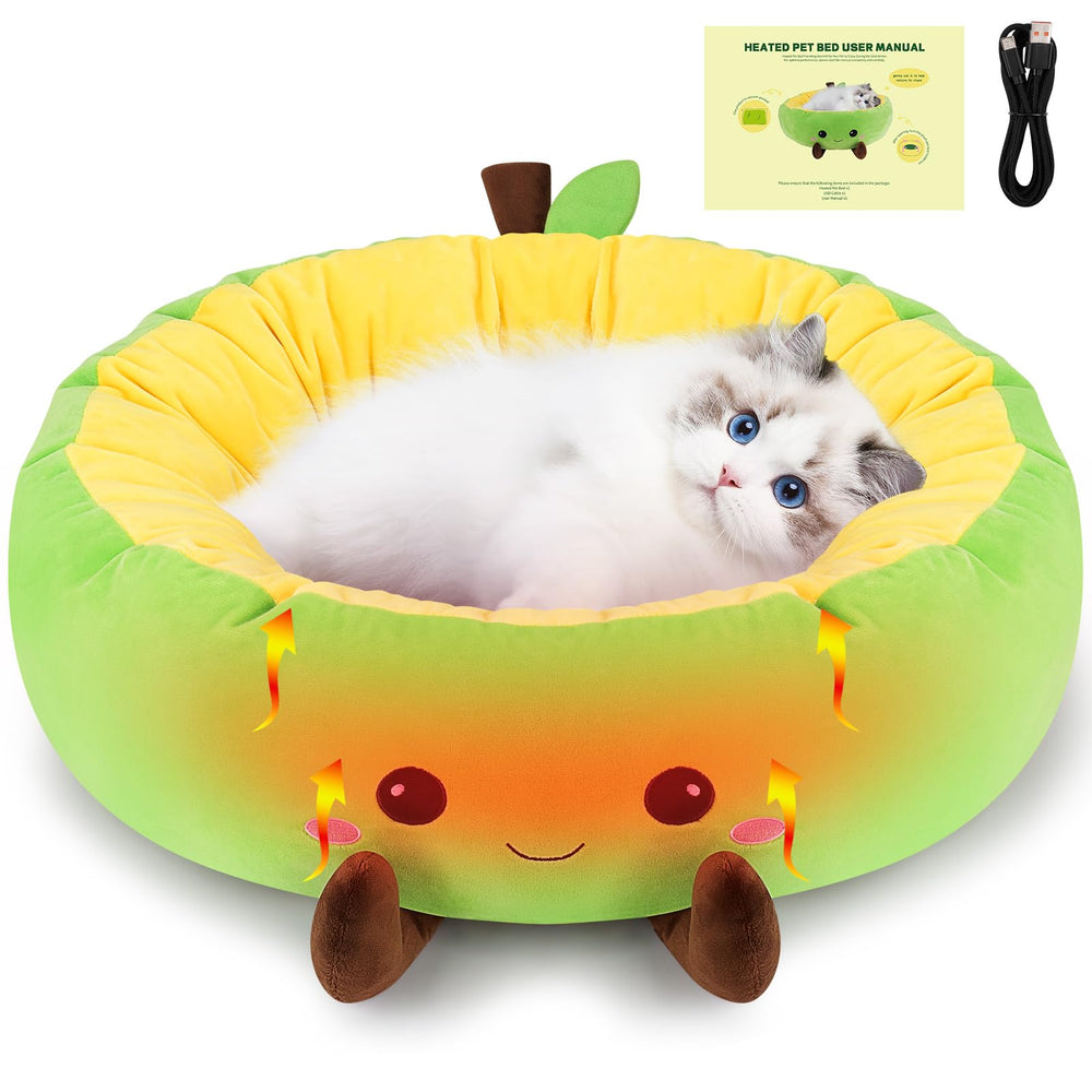 Fighting to Achieve Avocado heated cat bed full view offers cozy warmth for winter naps.