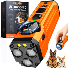 Fihuxoz dog bark deterrent display shows mode and battery status for easy training