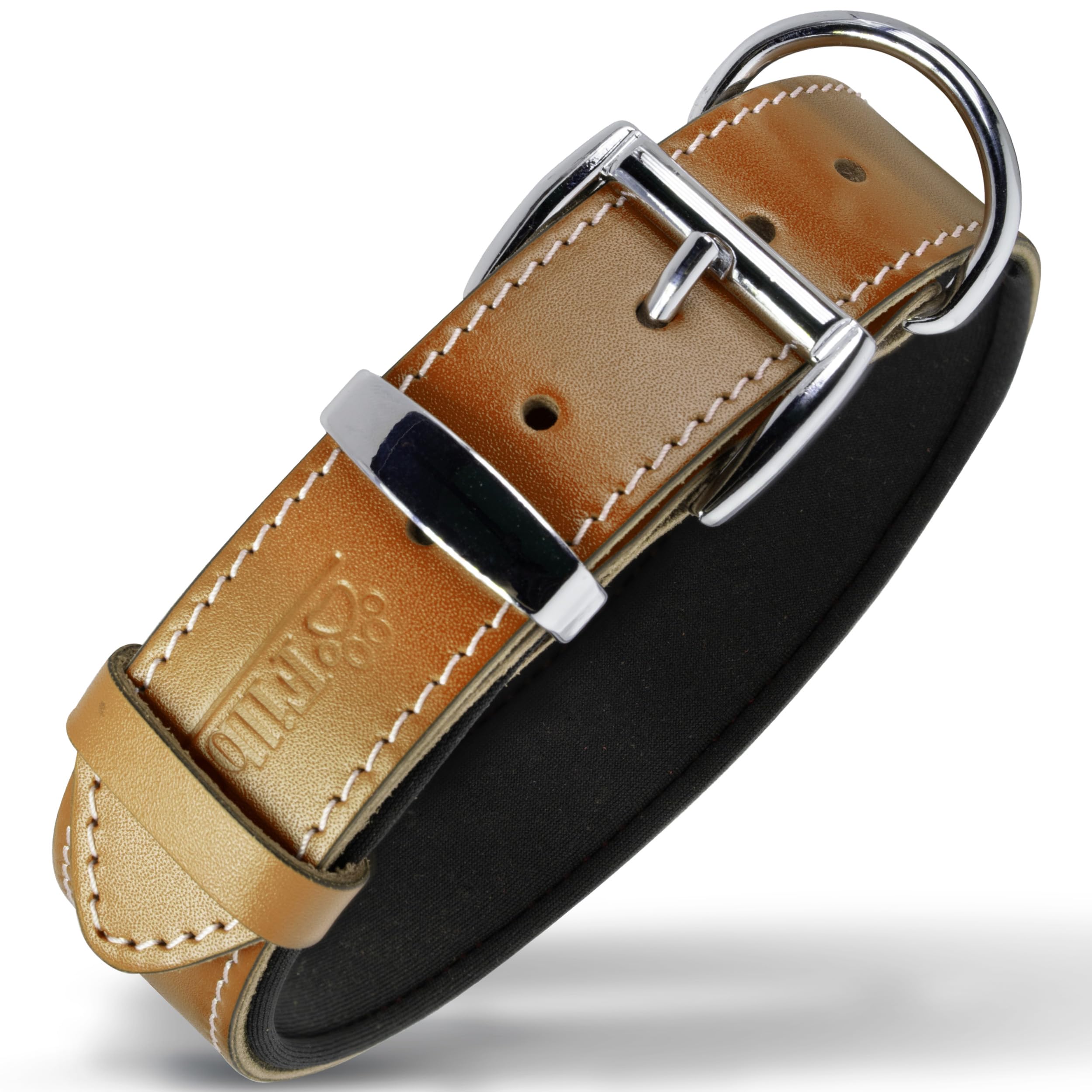 Filbert camel leather dog collar front view with pawprint embossing for durable daily wear.