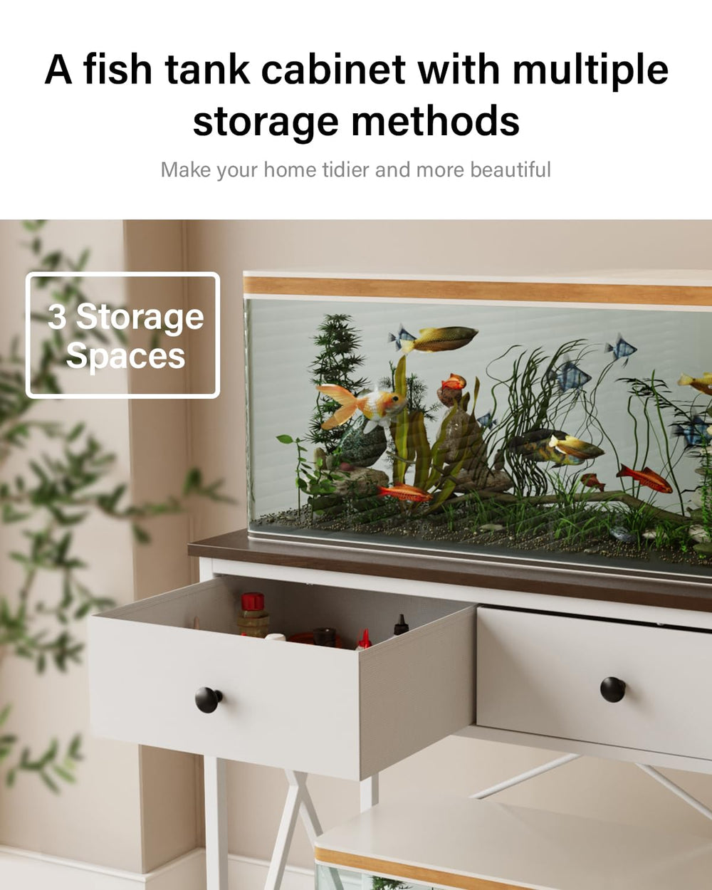 FILKO fish tank stand two-tier design adds tank space and storage