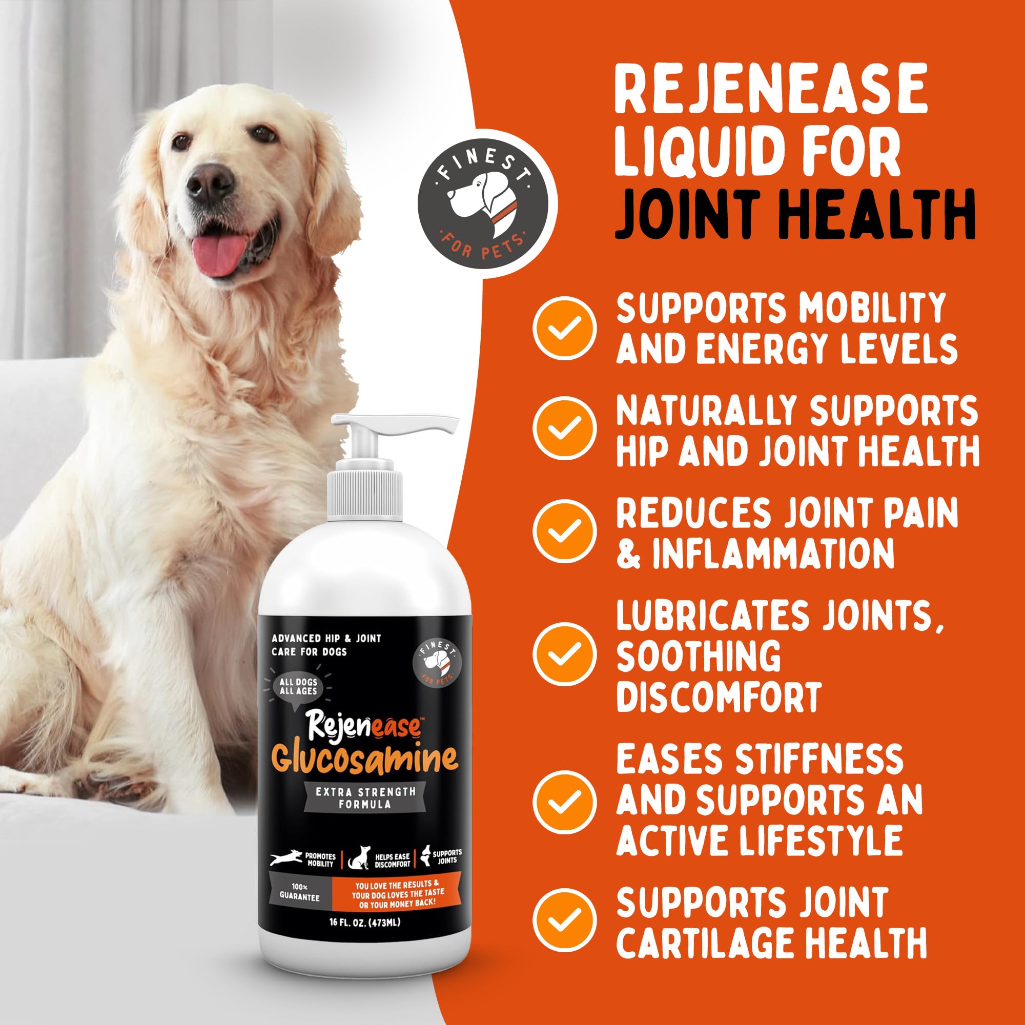 Finest For Pets liquid glucosamine bottle label highlights extra-strength ingredients