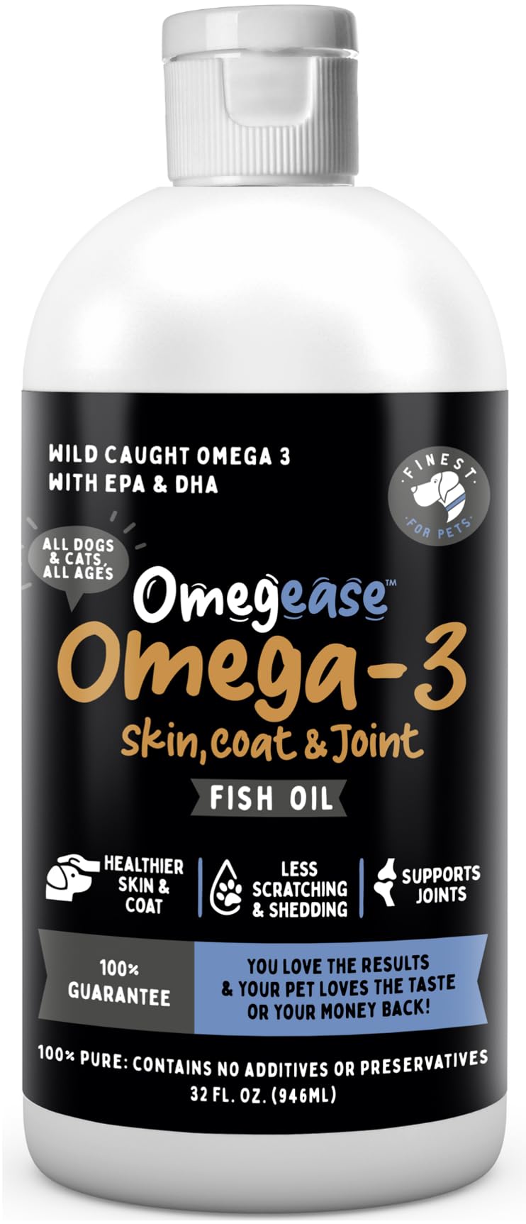 Finest For Pets Omegease bottle front shows 32 oz size for skin and coat support.