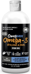 Finest For Pets Omegease bottle front shows 32 oz size for skin and coat support.